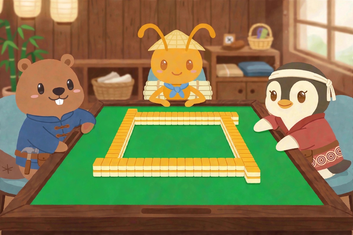 The Tile Builders at a real mahjong table — Bex the beaver in a blue carpenter's jacket, the weaver ant in a bamboo scaffolder's hat, and the gentoo penguin in a red work coat — with the tile wall built and ready to play